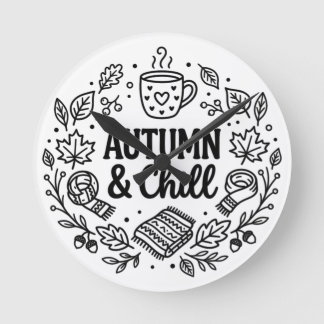 Autumn & Chill | 手描きの落ち着くラインアートの秋のデザイン ラウンド壁時計
