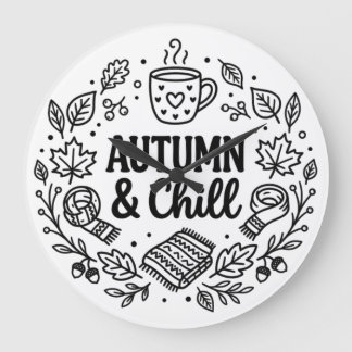 Autumn & Chill | 手描きの落ち着くラインアートの秋のデザイン ラージ壁時計