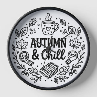 Autumn & Chill | 手描きの落ち着くラインアートの秋のデザイン 壁時計