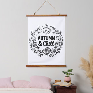 Autumn & Chill | 手描きの落ち着く秋のラインアート 吊り下げ型タペストリー