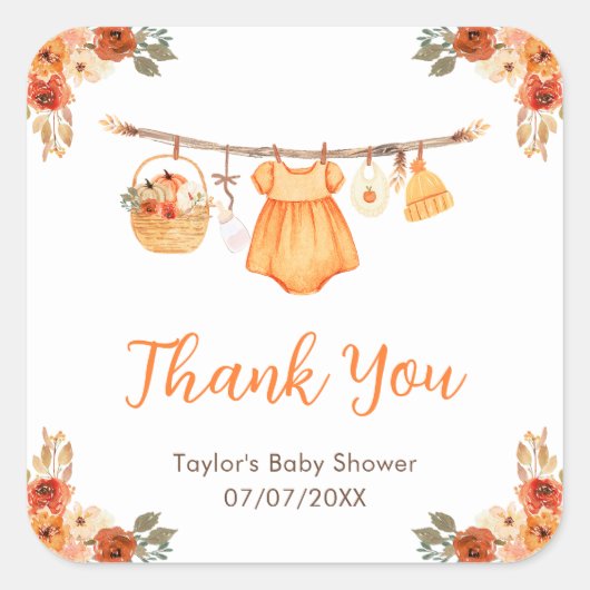 Autumn Clothes Line Girl Baby Shower Thank You スクエアシール (正面)
