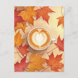 Autumn Coffee Postcard Cozy Fall Leaves Latte Art ポストカード