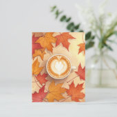 Autumn Coffee Postcard Cozy Fall Leaves Latte Art ポストカード (スタンド正面)