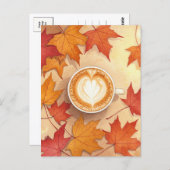 Autumn Coffee Postcard Cozy Fall Leaves Latte Art ポストカード (正面/裏面)