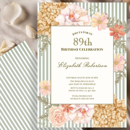 Autumn Colors Floral Sage 89th Birthday Invitation 招待状