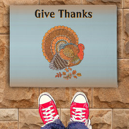 Autumn Colours Male Turkey in Leaves Give Thanks ドアマット