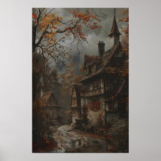 Autumn Cottage Art Print, Rustic Fall Wall Art ポスター