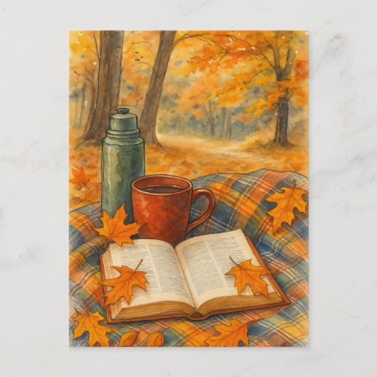 Autumn Cozy Fall Book and Coffee Postcard ポストカード (正面)