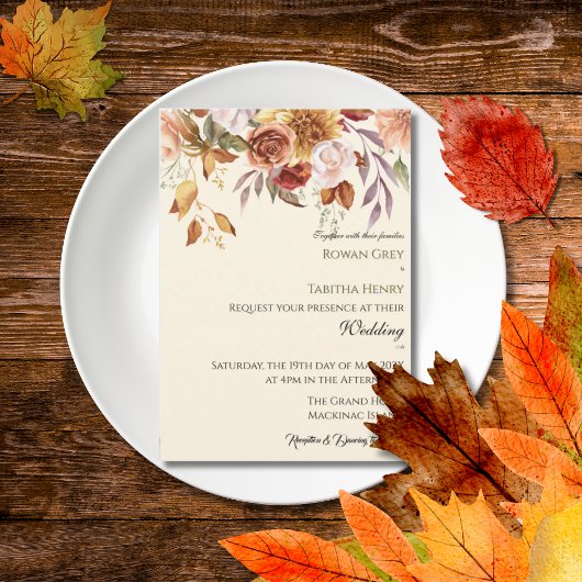 Autumn Elegance Fall Watercolor Floral Wedding  招待状