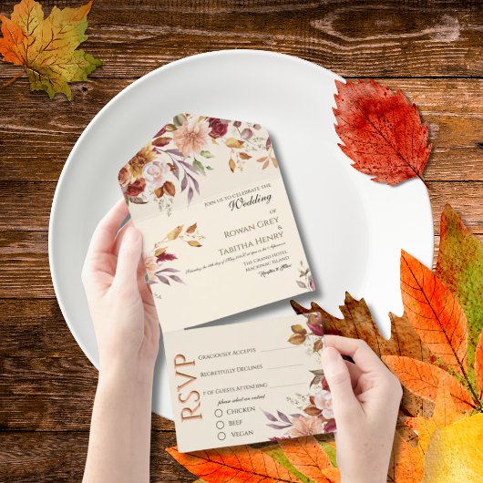 Autumn Elegance Fall Watercolor Floral Wedding Inv オールインワン招待状