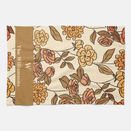 Autumn Exotic Flowers Customize Monogram キッチンタオル (横)