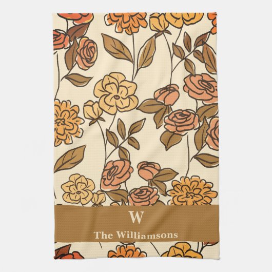 Autumn Exotic Flowers Customize Monogram キッチンタオル (縦)