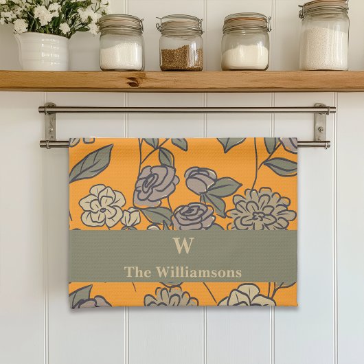 Autumn Exotic Flowers Customize Monogram キッチンタオル
