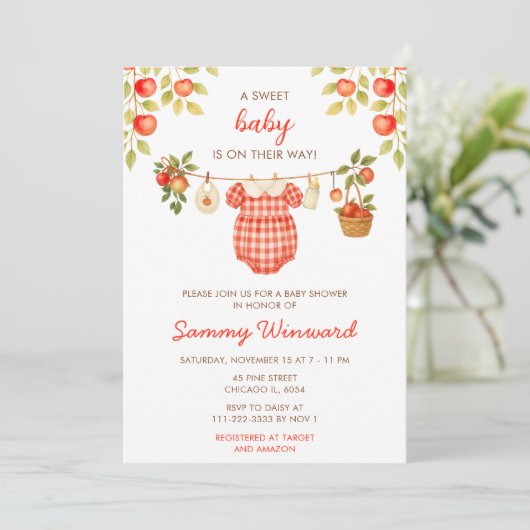 Autumn Fall Apple Clothes Line Baby Shower 招待状 (スタンド正面)