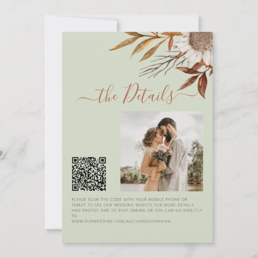 Autumn fall botanical sage green QR code wedding 招待状 (裏面)