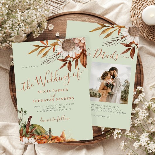 Autumn fall botanical sage green QR code wedding 招待状