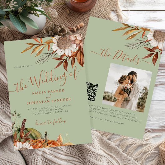 Autumn fall botanical sage green QR code wedding 招待状