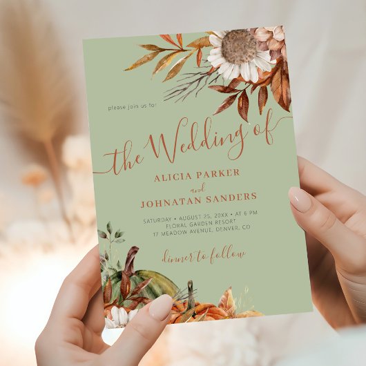 Autumn fall botanical sage green QR code wedding 招待状