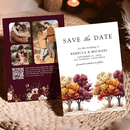 Autumn Fall Burgundy Trees QR Code Photo Wedding セーブザデート
