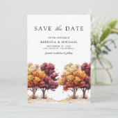 Autumn Fall Burgundy Trees QR Code Photo Wedding セーブザデート (スタンド正面)