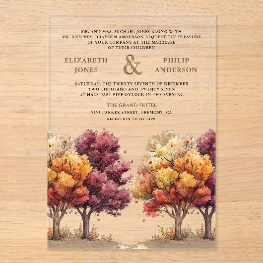Autumn Fall Burgundy Trees Wedding アクリル招待状 (正面)