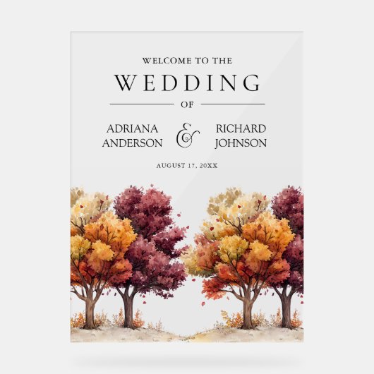 Autumn Fall Burgundy Trees Wedding Welcome アクリルサイン (正面)