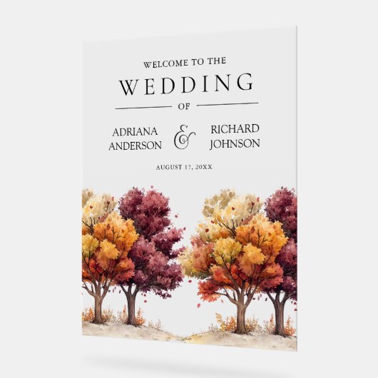 Autumn Fall Burgundy Trees Wedding Welcome アクリルサイン (傾斜)