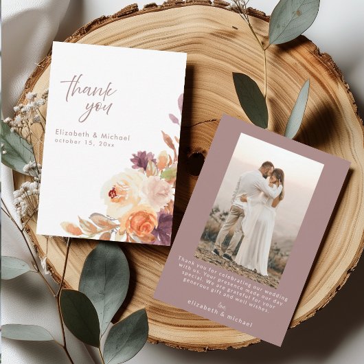 Autumn Fall Floral Photo Wedding Thank You Card 招待状