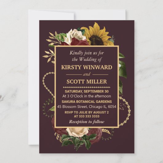 Autumn Fall Flowers Foliage Gold Wedding 招待状 (正面)