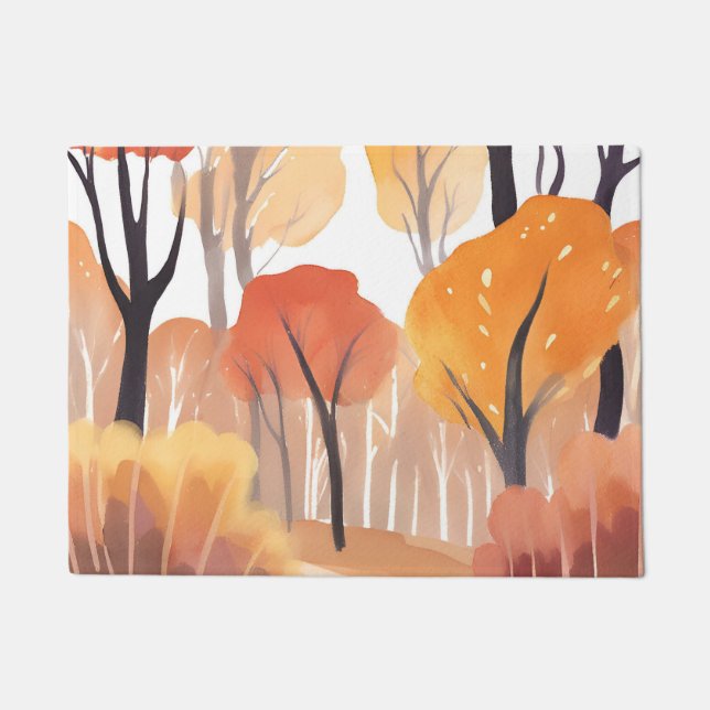 Autumn Fall Foliage Forest Watercolor Leaves ドアマット (正面)