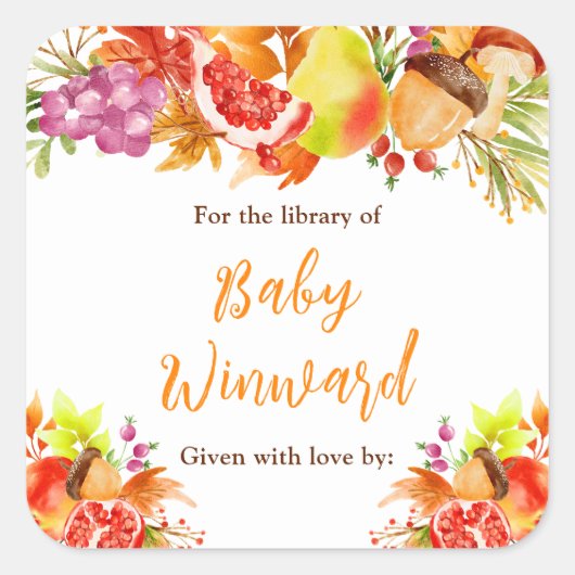 Autumn Fall Harvest Baby Shower Bookplate スクエアシール (正面)