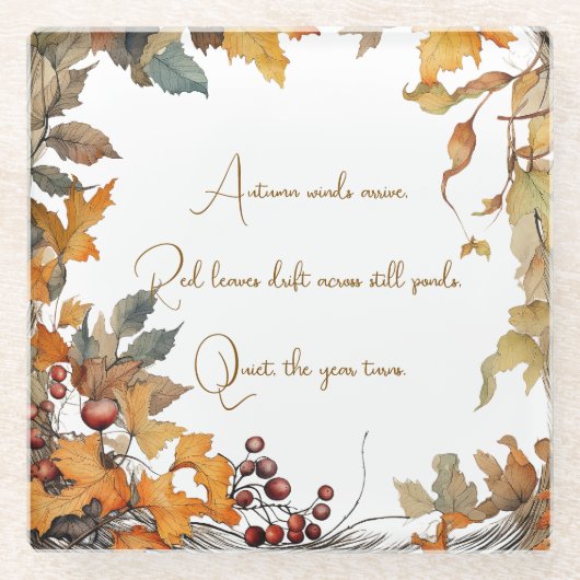 Autumn Fall Leaves Typography Coaster ガラスコースター (正面)