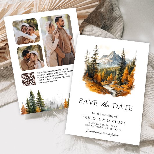 Autumn Fall Mountain Forest Photo QR Code Wedding セーブザデート