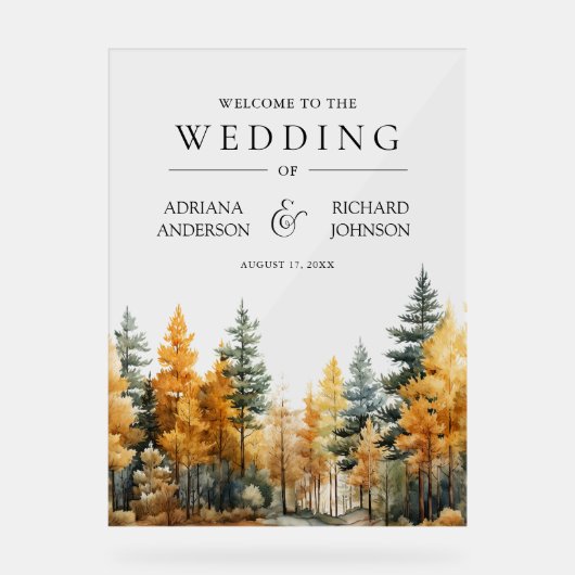 Autumn Fall Pine Trees Wedding Welcome アクリルサイン (正面)