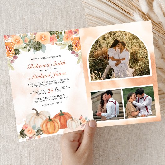 Autumn Fall Pumpkin Floral Photo QR Code Wedding 招待状
