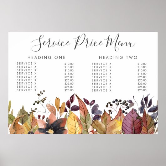 Autumn Fall Service Price Menu Custom Printed ポスター (正面)