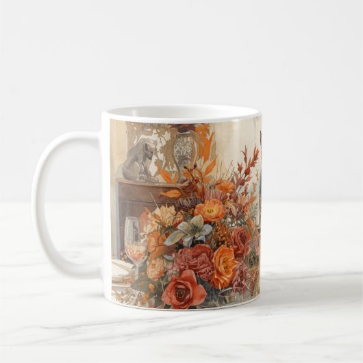 Autumn Fall with Falling leaves at dinner table コーヒーマグカップ (左)