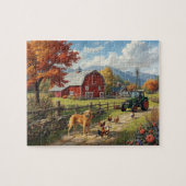 Autumn Farm Dog Tractor Red Barn Fall Scene ジグソーパズル (横)