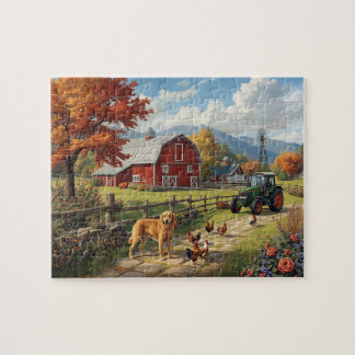 Autumn Farm Dog Tractor Red Barn Fall Scene ジグソーパズル