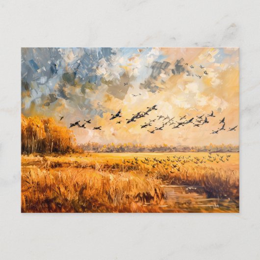 Autumn field with birds impressionism oil シーズンポストカード (正面)
