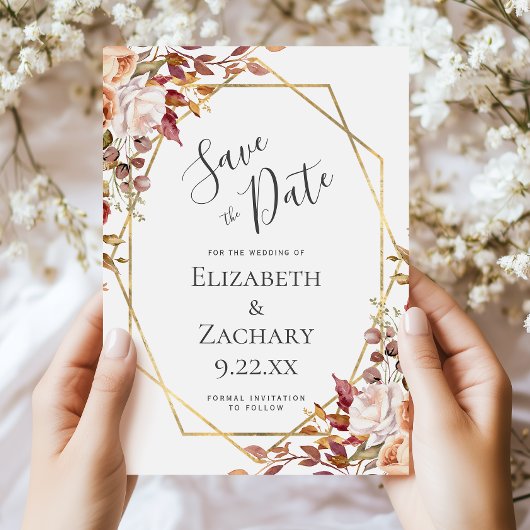 Autumn Floral Gold Fall Wedding Save the Date セーブザデート