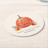 Autumn Floral Orange Pumpkin Friendsgiving Dinner ラウンドペーパーコースター (アングル)