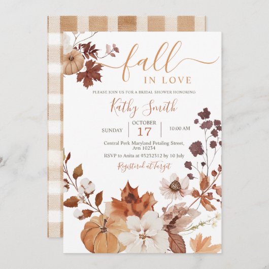 Autumn floral Pumpkin Fall In Love 招待状 (正面/裏面)