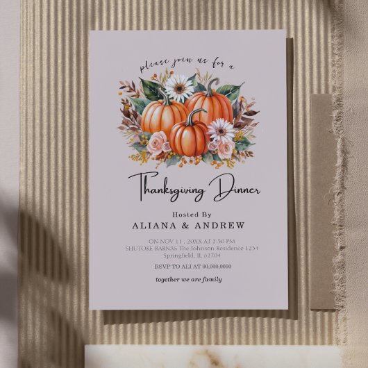Autumn Floral Pumpkin Thanksgiving Dinner  招待状