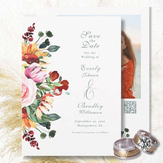Autumn Floral Watercolor Save the Date Wedding  招待状