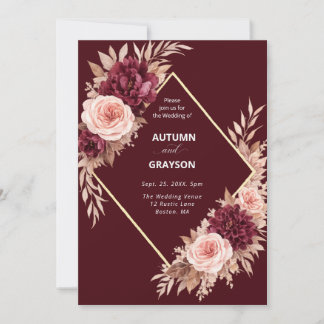 Autumn Floral Wedding Invitation Burgundy Gold Lux 招待状
