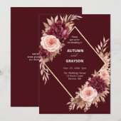Autumn Floral Wedding Invitation Burgundy Gold Lux 招待状 (正面/裏面)
