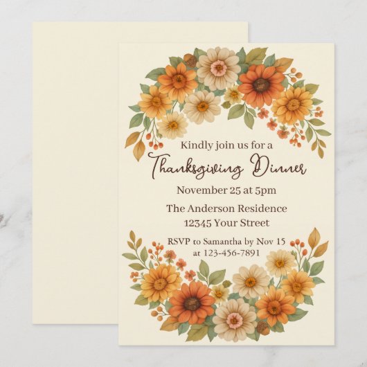 Autumn Floral Wreath - Elegant Thanksgiving Dinner 招待状 (正面/裏面)