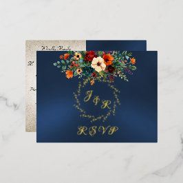 Autumn Floral & Wreath RSVP - Blue 箔招待状ポストカード