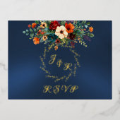 Autumn Floral & Wreath RSVP - Blue 箔招待状ポストカード (正面)